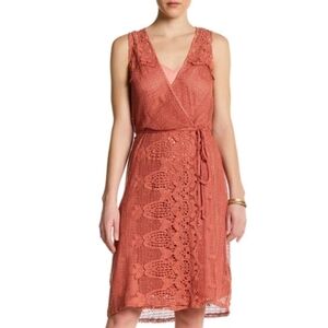 Ella Moss Salmon Pink Sleeveless Crochet Lace Yoke Wrap Dress Size Small